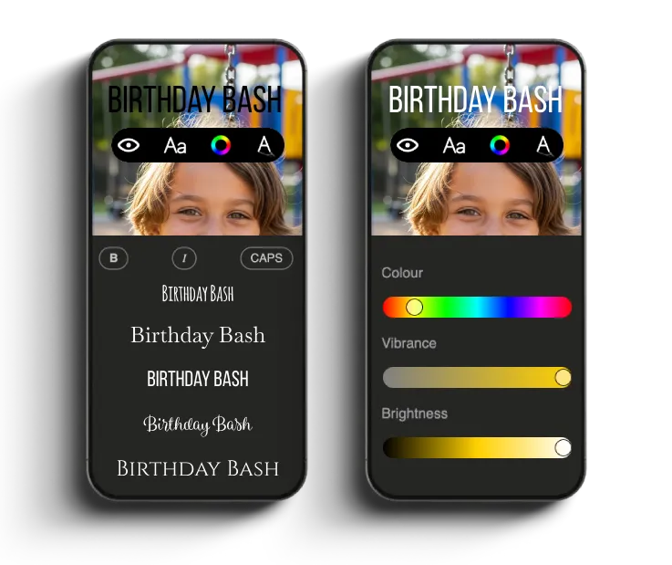Screenshot of the Snaps photo album customisation screen for font selection