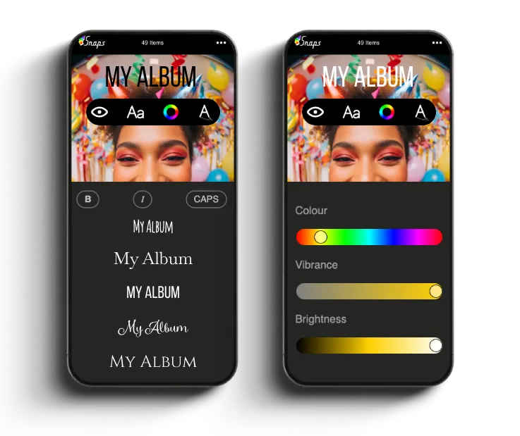 Screenshot of the Snaps photo album customisation screen for font selection