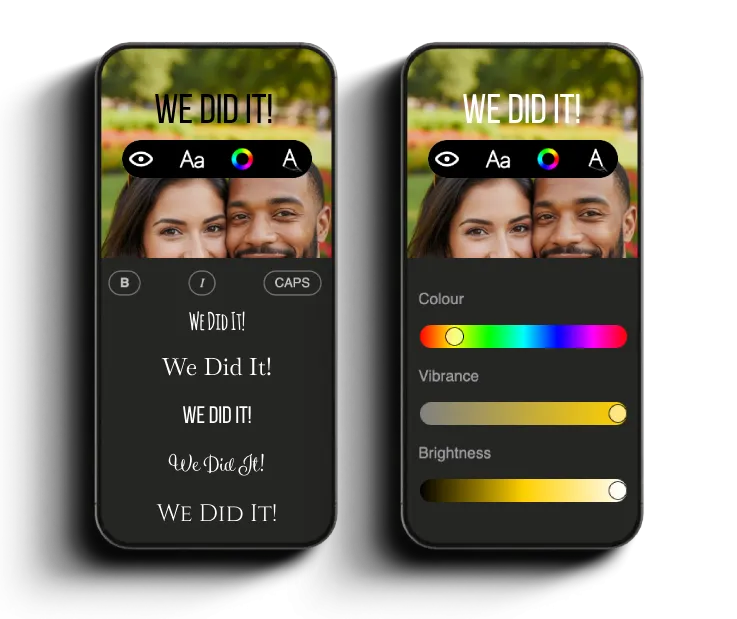 Screenshot of the Snaps photo album customisation screen for font selection